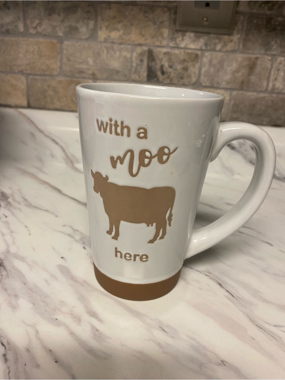 White Ceramic Mug with Tan Cow Graphic - With a Moo Here